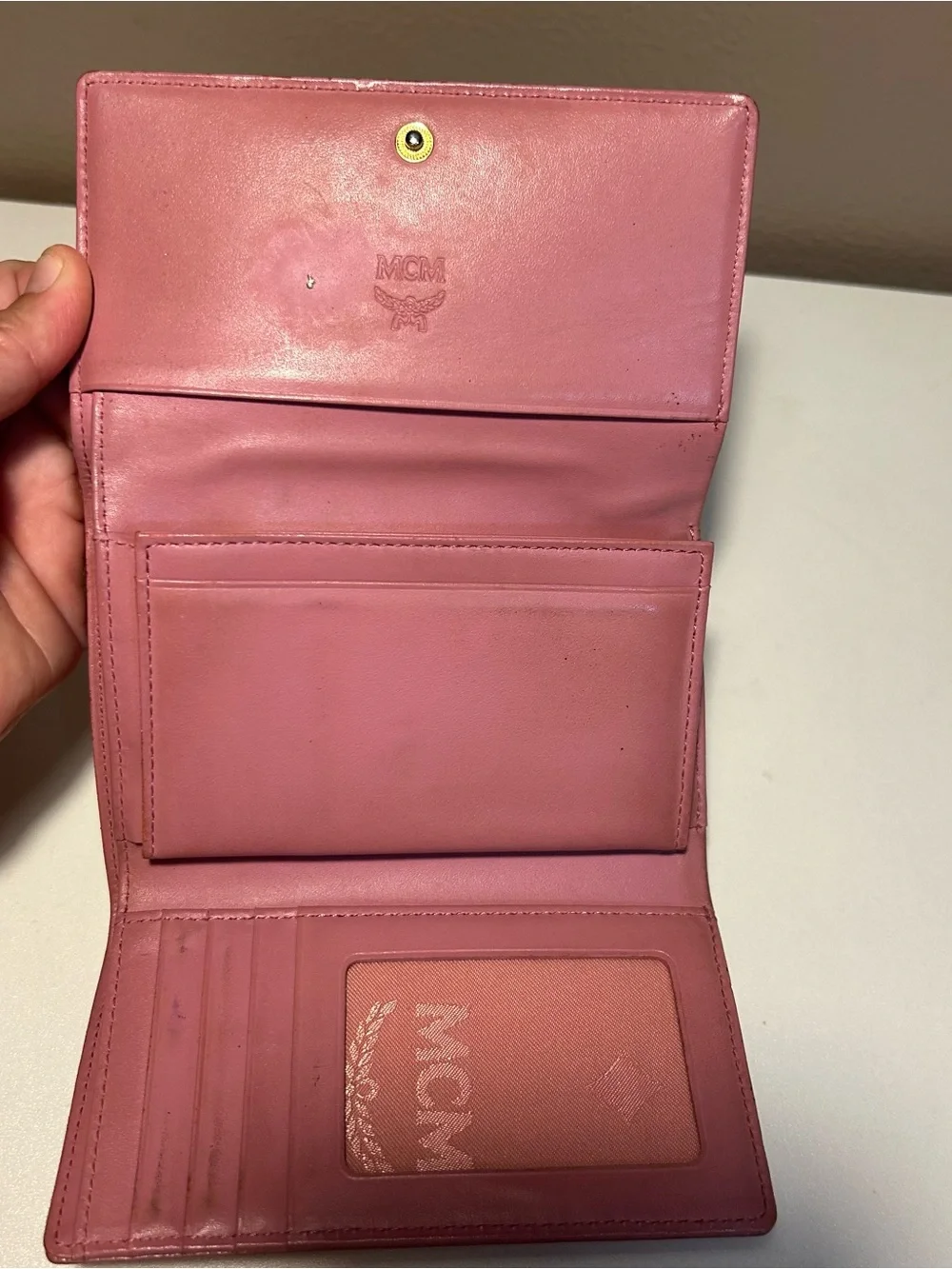 MCM Blush Pink Mauve Leather Wallet Gold Plaque READ